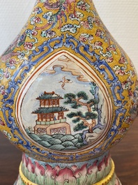 A large Chinese yellow-ground Canton enamel ewer and cover, Qianlong