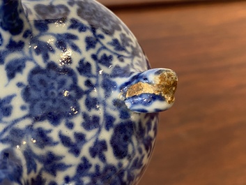 An unusual Chinese blue and white teapot and cover, Xuande mark, probably Qing