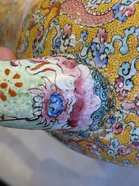 A large Chinese yellow-ground Canton enamel ewer and cover, Qianlong