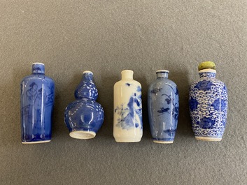 Five Chinese blue and white snuff bottles, 19th C.