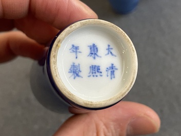 Five Chinese blue and white snuff bottles, 19th C.