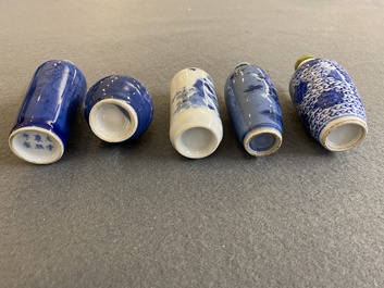 Five Chinese blue and white snuff bottles, 19th C.