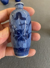 Five Chinese blue and white snuff bottles, 19th C.