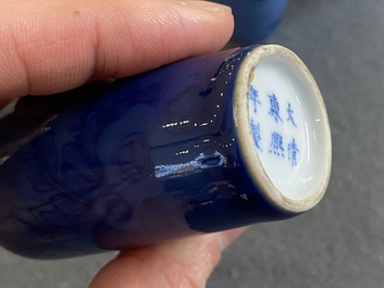 Five Chinese blue and white snuff bottles, 19th C.
