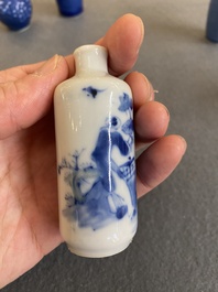 Five Chinese blue and white snuff bottles, 19th C.
