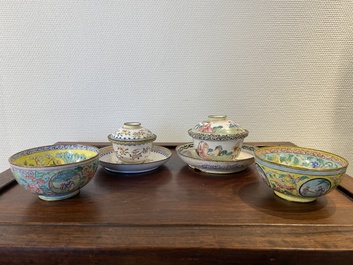 Two Chinese Canton enamel covered bowls on stands and two bowls, 18/19th C.
