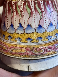 A large Chinese yellow-ground Canton enamel ewer and cover, Qianlong