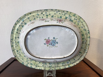 A large Chinese Canton enamel basin with garlands decorated with male heads, Qianlong