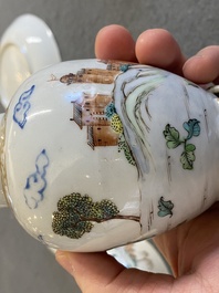 Trois tasses et soucoupes et une bo&icirc;te &agrave; th&eacute; couverte en porcelaine de Chine famille rose, Yongzheng/Qianlong