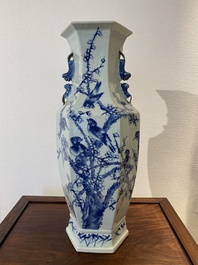 A Chinese blue and white hexagonal 'magpie and plum blossom' vase, 19th C.