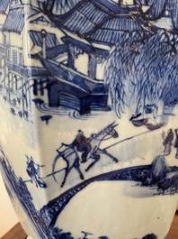 A pair of Chinese blue and white hexagonal 'mountainous landscape' vases, 19th C.