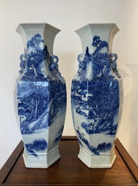 A pair of Chinese blue and white hexagonal 'mountainous landscape' vases, 19th C.