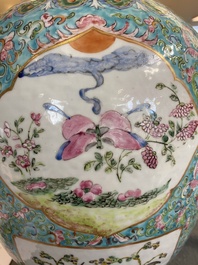 A pair of Chinese turquoise-ground famille rose vases, 19th C.