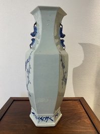 A Chinese blue and white hexagonal 'magpie and plum blossom' vase, 19th C.
