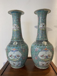 A pair of Chinese turquoise-ground famille rose vases, 19th C.