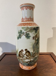 A Chinese rouleau vase with monkeys, signed Bi Yuanming 畢淵明, dated 1956