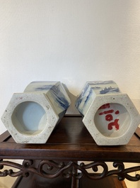 A pair of Chinese blue and white hexagonal 'mountainous landscape' vases, 19th C.