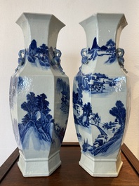 A pair of Chinese blue and white hexagonal 'mountainous landscape' vases, 19th C.