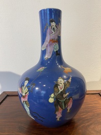 A Chinese blue-ground famille rose 'eight immortals' bottle vase, Qianlong mark, 19th C.