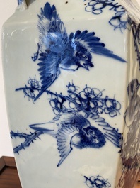 A Chinese blue and white hexagonal 'magpie and plum blossom' vase, 19th C.