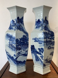 A pair of Chinese blue and white hexagonal 'mountainous landscape' vases, 19th C.