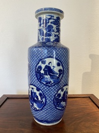 A Chinese blue and white rouleau 'immortals' vase, Kangxi mark, 19th C.