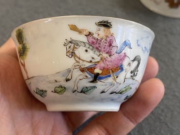 Trois tasses et soucoupes et une bo&icirc;te &agrave; th&eacute; couverte en porcelaine de Chine famille rose, Yongzheng/Qianlong