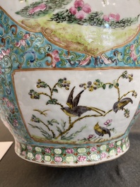 A pair of Chinese turquoise-ground famille rose vases, 19th C.
