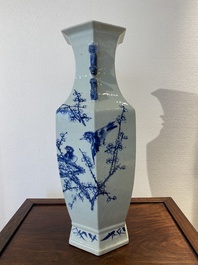 A Chinese blue and white hexagonal 'magpie and plum blossom' vase, 19th C.