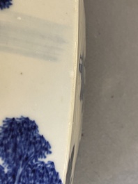 A pair of Chinese blue and white hexagonal 'mountainous landscape' vases, 19th C.