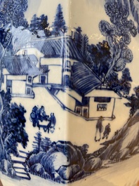 A pair of Chinese blue and white hexagonal 'mountainous landscape' vases, 19th C.
