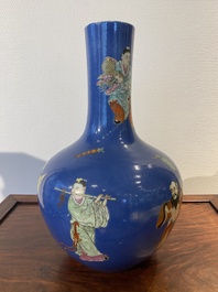 A Chinese blue-ground famille rose 'eight immortals' bottle vase, Qianlong mark, 19th C.
