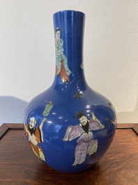 A Chinese blue-ground famille rose 'eight immortals' bottle vase, Qianlong mark, 19th C.