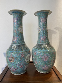 A pair of Chinese turquoise-ground famille rose vases, 19th C.