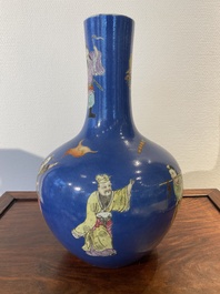 A Chinese blue-ground famille rose 'eight immortals' bottle vase, Qianlong mark, 19th C.