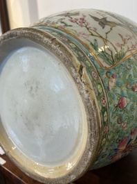 A pair of Chinese turquoise-ground famille rose vases, 19th C.
