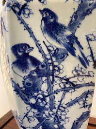 A Chinese blue and white hexagonal 'magpie and plum blossom' vase, 19th C.