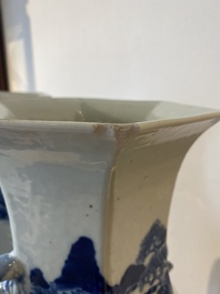 A pair of Chinese blue and white hexagonal 'mountainous landscape' vases, 19th C.