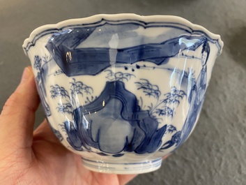 A Chinese blue and white bowl with figures in a landscape, Chenghua mark, Kangxi