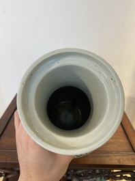 A fine Chinese famille verte rouleau 'rice production' vase, 19th C.