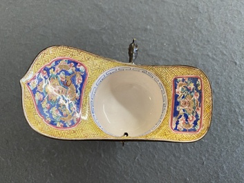 A Chinese yellow-ground Canton enamel ritual wine ewer or 'jue', Yongzheng