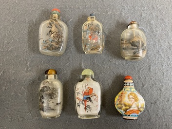 Five Chinese inside-painted glass snuff bottles and one in Canton or Beijing enamel, 19/20th C.