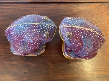 A pair of Chinese flamb&eacute;-glazed toads, 19th C.