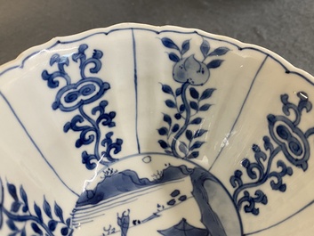 A Chinese blue and white bowl with figures in a landscape, Chenghua mark, Kangxi