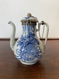 A Chinese blue and white teapot and cover with silver mounts, Kangxi