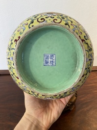 A Chinese yellow-ground famille rose 'hu' vase with playing boys, Qianlong mark, Republic