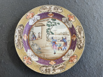 Een Chinees famille rose 'Rockefeller' bord met acrobaten, Jiaqing