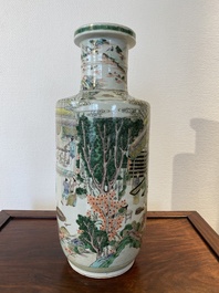 A fine Chinese famille verte rouleau 'rice production' vase, 19th C.