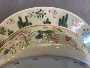 A Chinese famille rose celadon-ground 'carps' basin, 19th C.