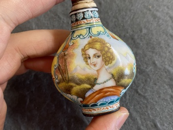 Five Chinese inside-painted glass snuff bottles and one in Canton or Beijing enamel, 19/20th C.